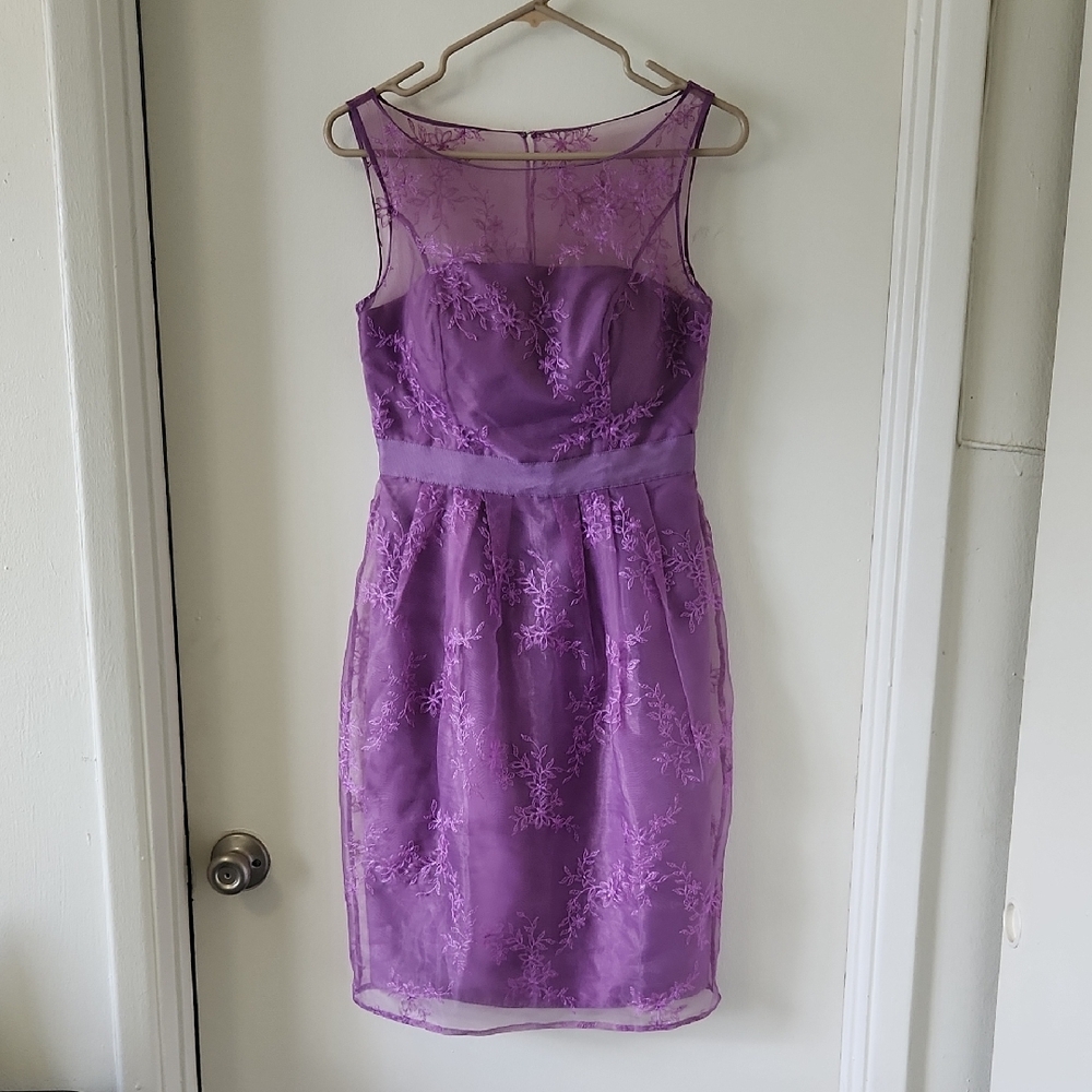 David's Bridal Purple Lace Illusion Midi Dress